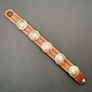 Vintage Leather Indian Head Buffalo Nickel Bracelet Snap Cuff 8" 5 Nickels